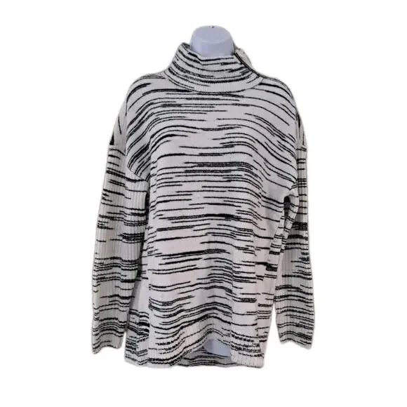 T by TALBOTS Sweater Space Dye Mock Neck Zip White/Black Sz M Wool Blend - Picture 3 of 9